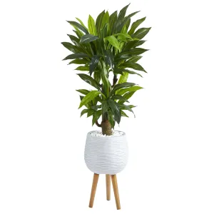 46” Corn Stalk Dracaena Artificial Plant in White Planter with Stand (Real Touch)