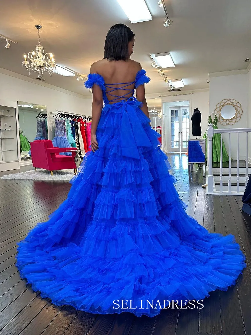 A-line Off-the-shoulder Ruffles Tulle Long Prom Dress Evening Dress lpk927