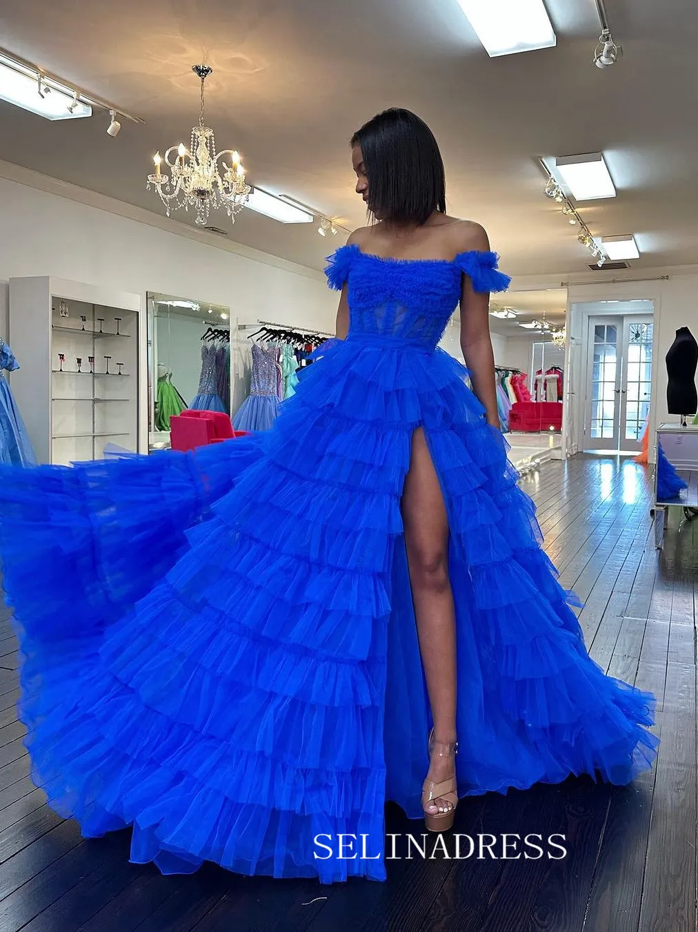 A-line Off-the-shoulder Ruffles Tulle Long Prom Dress Evening Dress lpk927