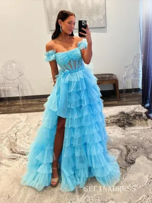 A-line Off-the-shoulder Ruffles Tulle Long Prom Dress Evening Dress lpk927