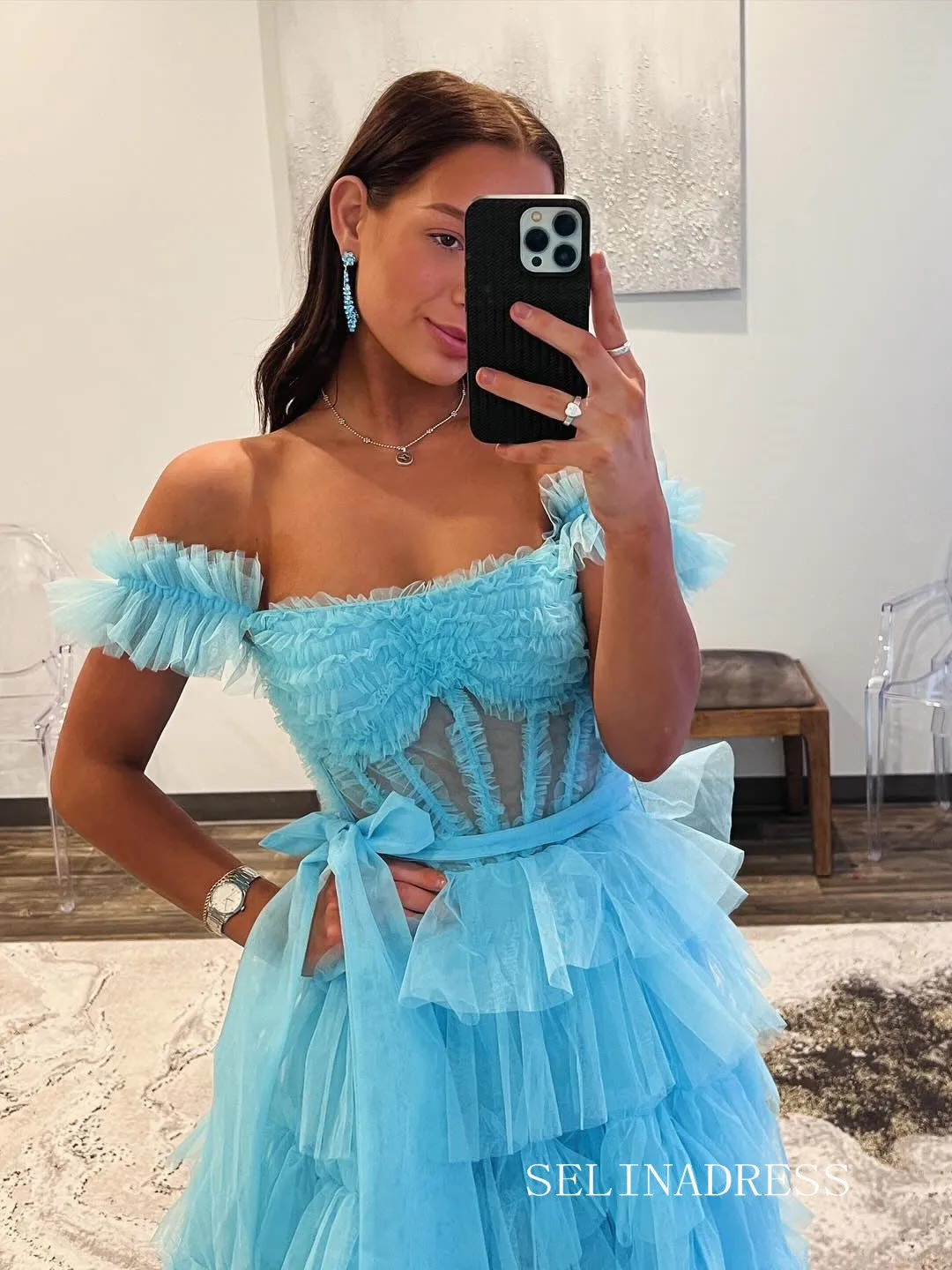 A-line Off-the-shoulder Ruffles Tulle Long Prom Dress Evening Dress lpk927