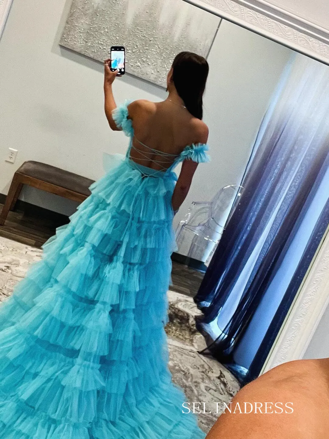 A-line Off-the-shoulder Ruffles Tulle Long Prom Dress Evening Dress lpk927