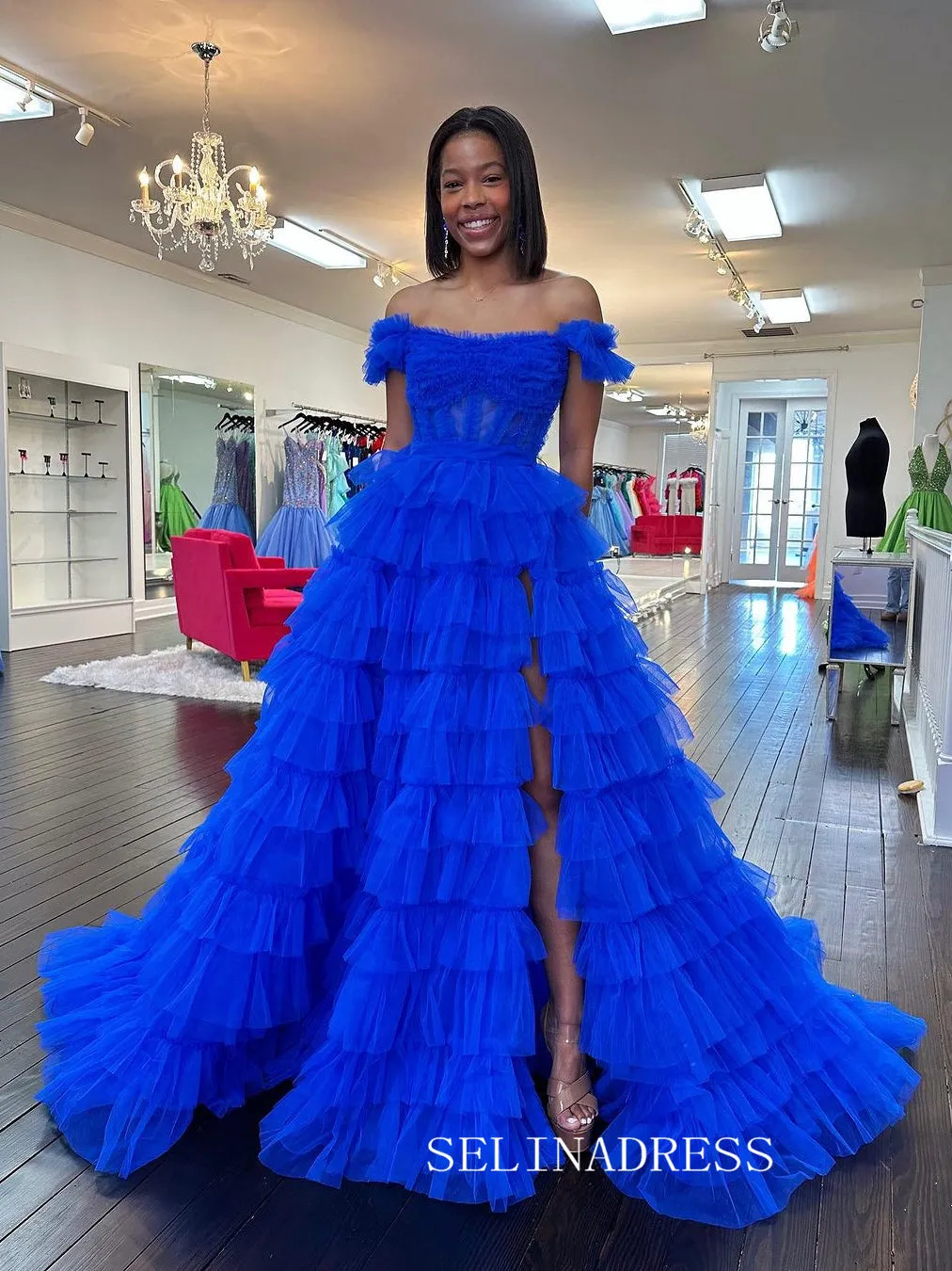 A-line Off-the-shoulder Ruffles Tulle Long Prom Dress Evening Dress lpk927