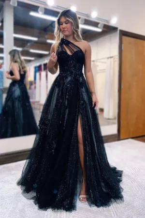 A-Line One Shoulder Black Long Prom Dress With 3D Appliques PSK444