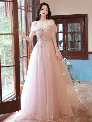 A LINE PINK LONG PROM DRESSES, OFF SHOULDER PINK FORMAL GRADUATION DRESSES      S1352