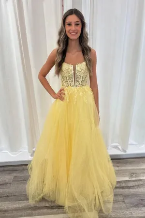 A Line V Neck Backless Yellow Lace Long Prom Dresses PSK552