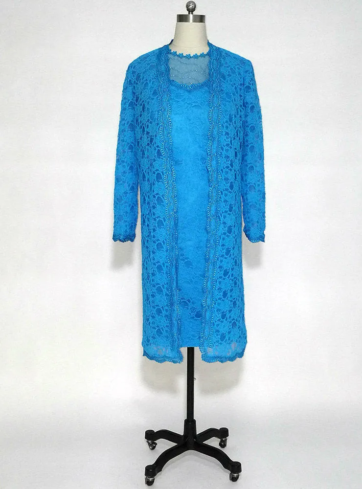 Adorable Blue Lace Knee Length Mother of the Bride Dresses Sheer with 3/4 Sleeves Long Jacket