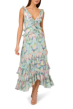 Adrianna Papell Floral Print Chiffon V-Neck Sleeveless Ruffle Trim Midi Dress