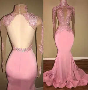 Alluring Pink Mermaid Long Sleeves Backless Elastic Satin Open Front High Neck Prom Dresses