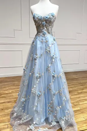 Blue Tulle Appliques Long Prom Dresses A-Line Strapless Evening Dresses