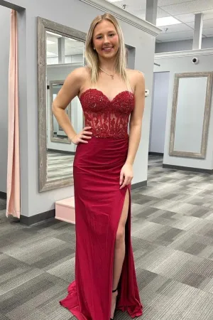 Burgundy Strapless Mermaid Appliques StraplessProm Dress with Slit PSK467