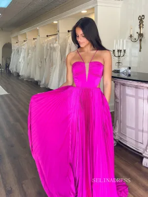 Chic A-line Spaghetti Straps Long Prom Dresses Elegant Fuchsia Evening Dress sew0314