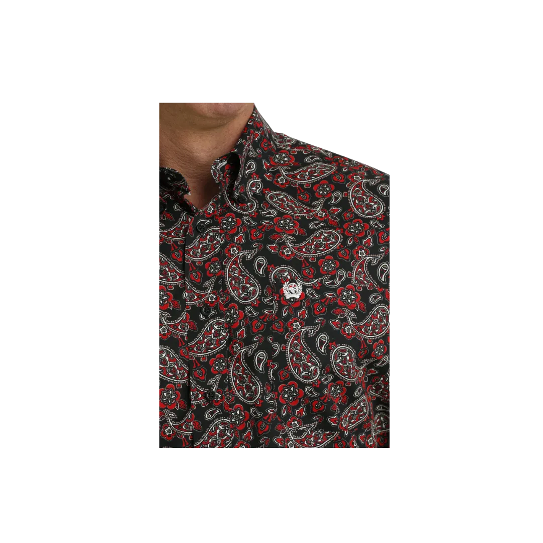 Cinch Men's Paisley Print Button Down Western Black Red Shirt