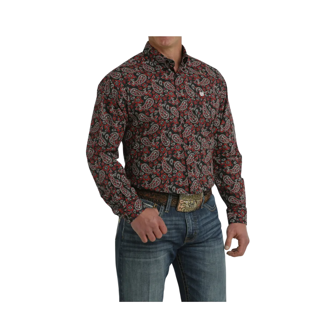 Cinch Men's Paisley Print Button Down Western Black Red Shirt