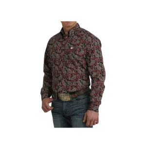 Cinch Men's Paisley Print Button Down Western Black Red Shirt