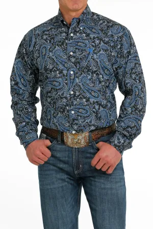 Cinch Mens Paisley Print Button Down Western L/S Shirt - Navy/Blue/Cream - MTW1105517