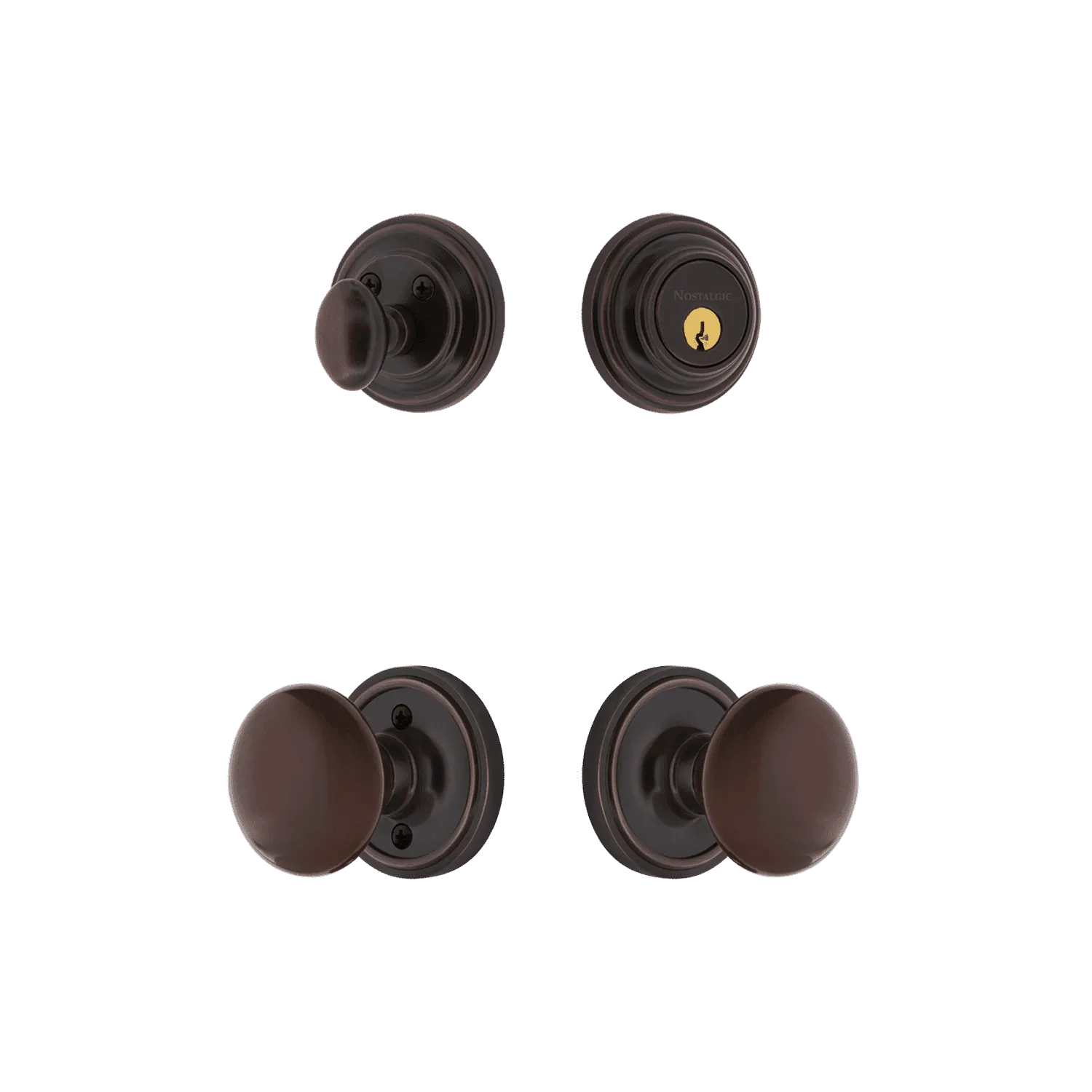 Classic Rosette Entry Set with Brown Porcelain Knob in Timeless Bronze