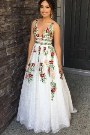 Elegant V Neck Prom Dresses with Flowers