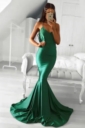 Emerald Green Mermaid Evening Dress with Drapped Low Back,Elegant Prom Dresses