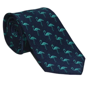 Flamingo Necktie - Turquoise on Navy, Woven Silk