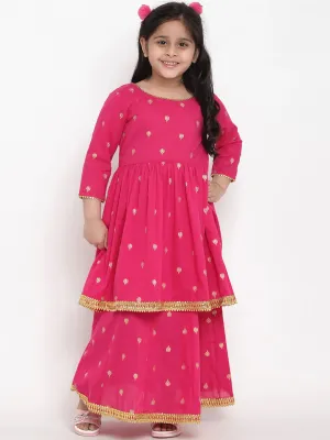 Girls Pink & Gold-Coloured Printed Kurta With Skirt