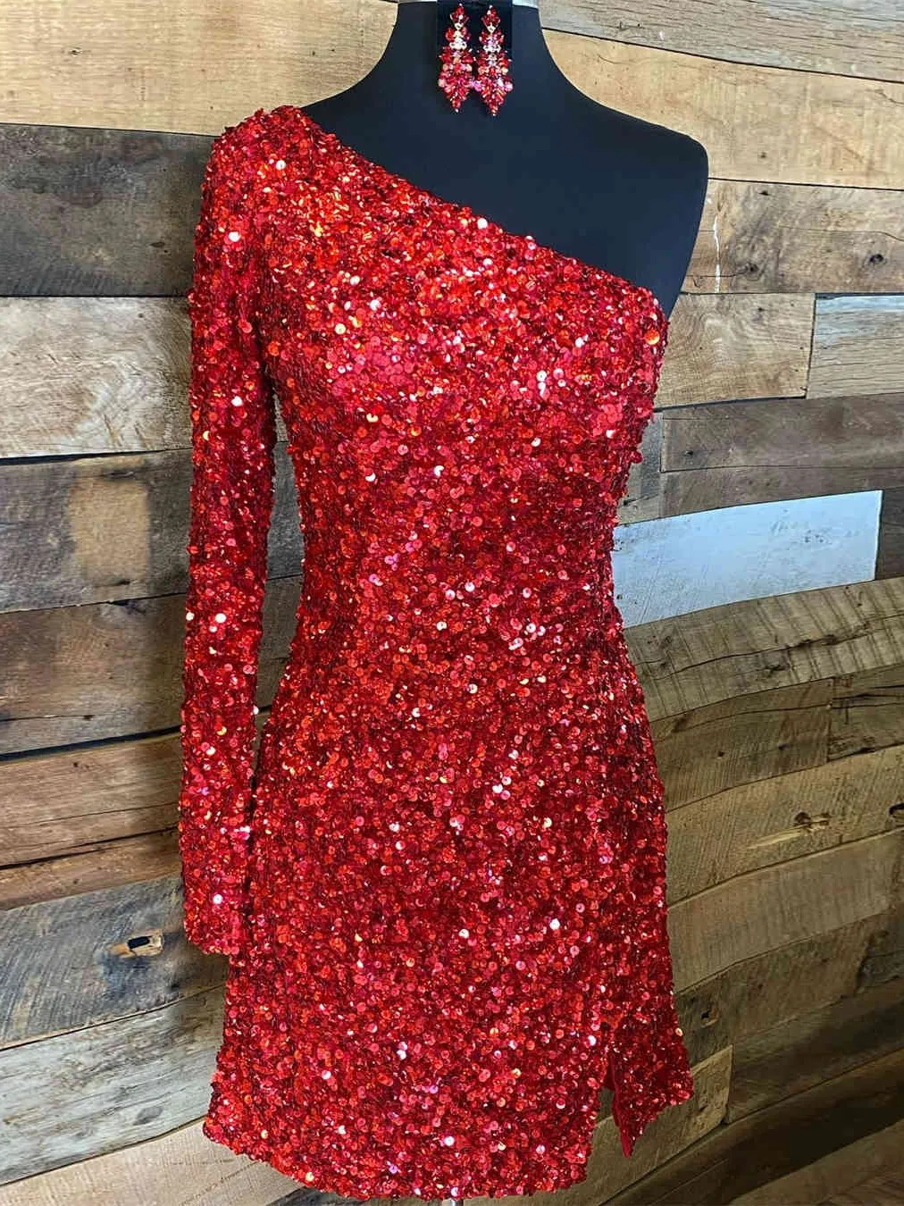 Glitter One Sleeve Red Sequined Homecoming Dress #TKL512