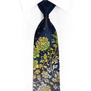 Green Floral On Navy Rhinestone Silk Tie With Silver Sparkles