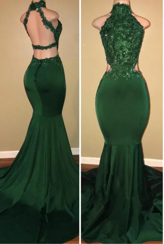 Green lace mermaid prom dress, green evening dress