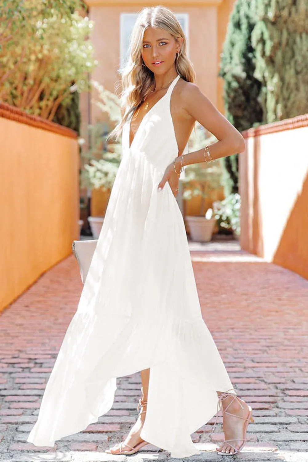 Halter Neck Deep V Backless Asymmetric Maxi Dress