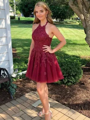 Halter Neck Short Burgundy Lace Prom Dresses, Short Wine Red Lace Formal Homecoming Dresses