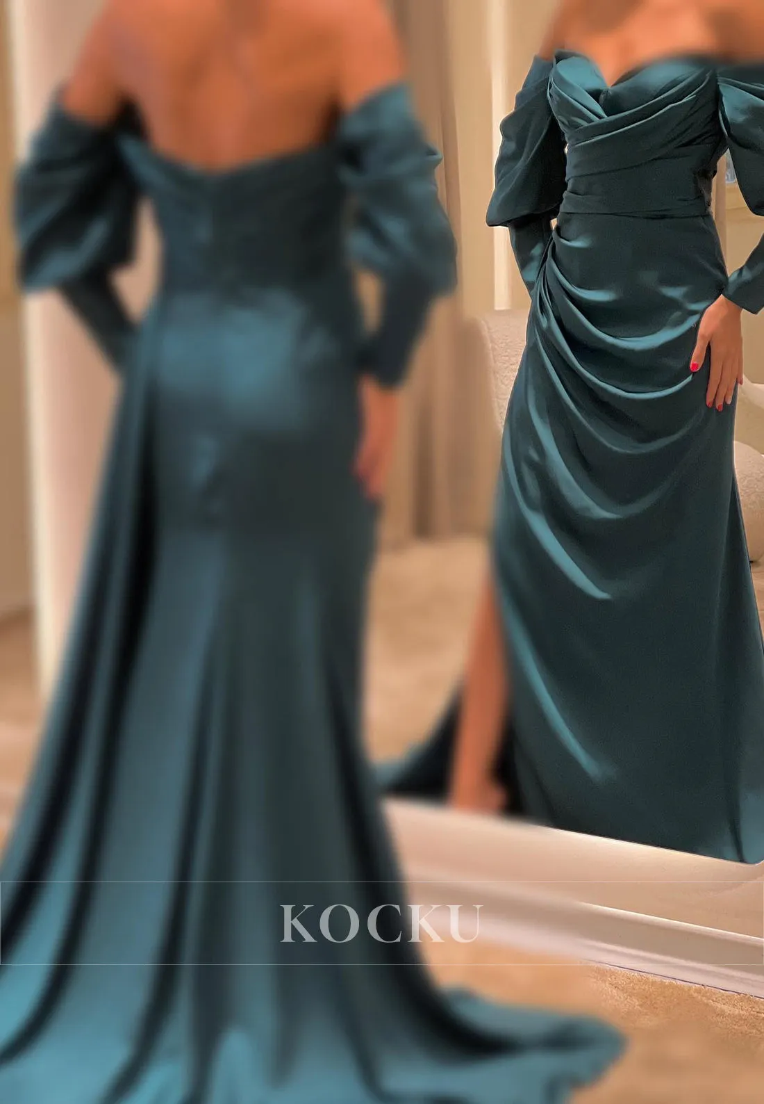 L3081 - Classic & Timeless Off-Shoulder Long sleeves Mermaid Ruched Evening Party Prom Dress