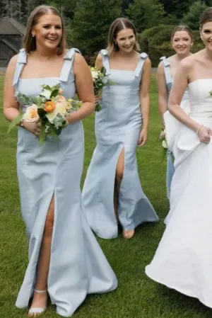 Light Blue Slit Bridesmaid Dress with Bow Tie Straps SEV009