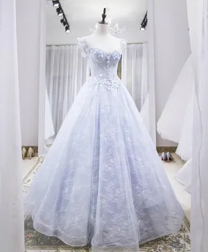 Light Blue Tulle Lace Long Prom Dress, Blue Evening Dress