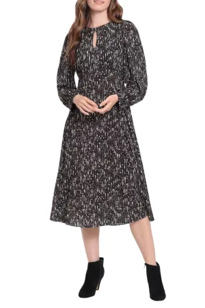 London Times Crew Neck Keyhole Front Long Sleeve A-line Multi Print Matte Jersey Midi Dress