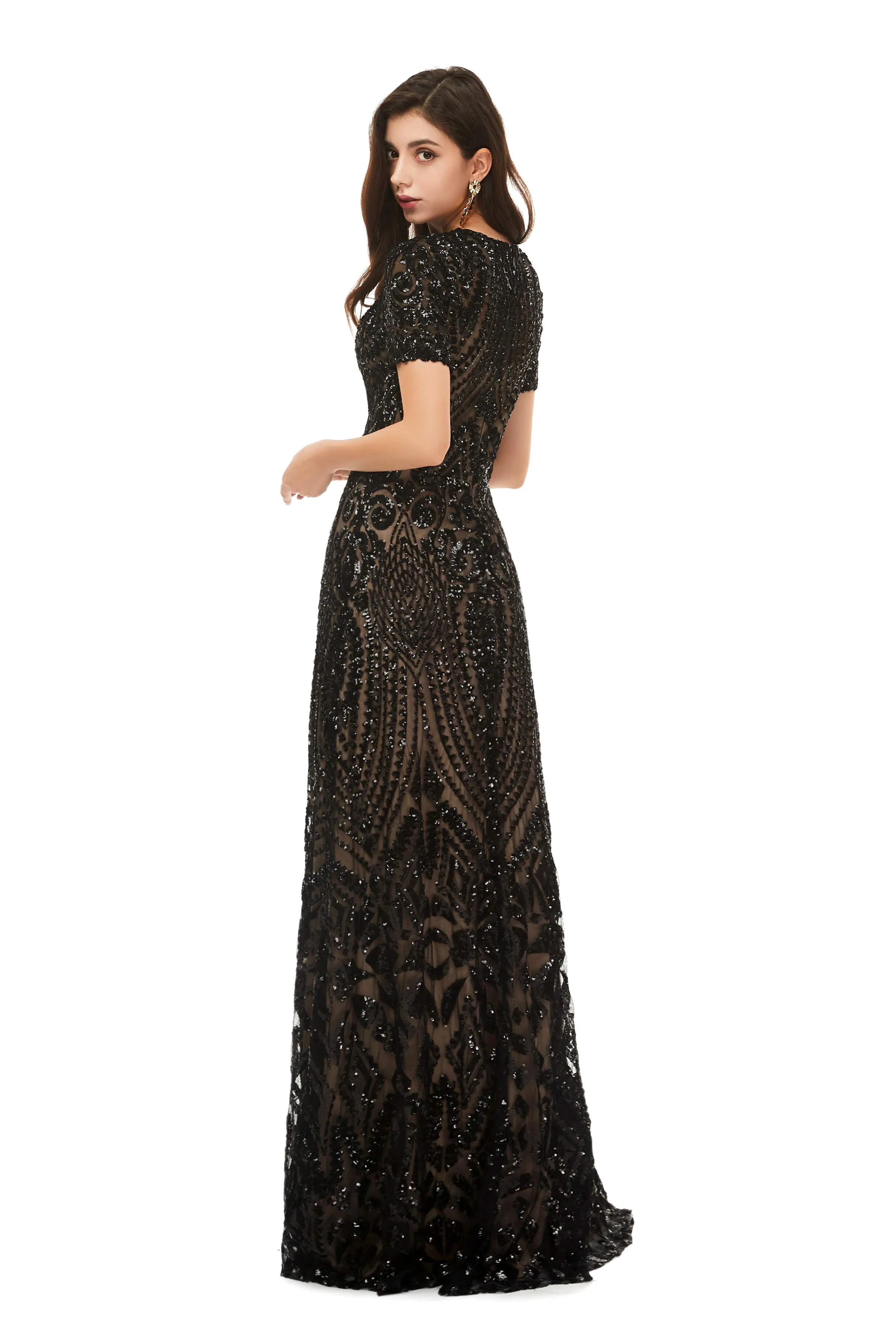 Long Black Sparkly Sequins Prom Dresses With Short Sleeves