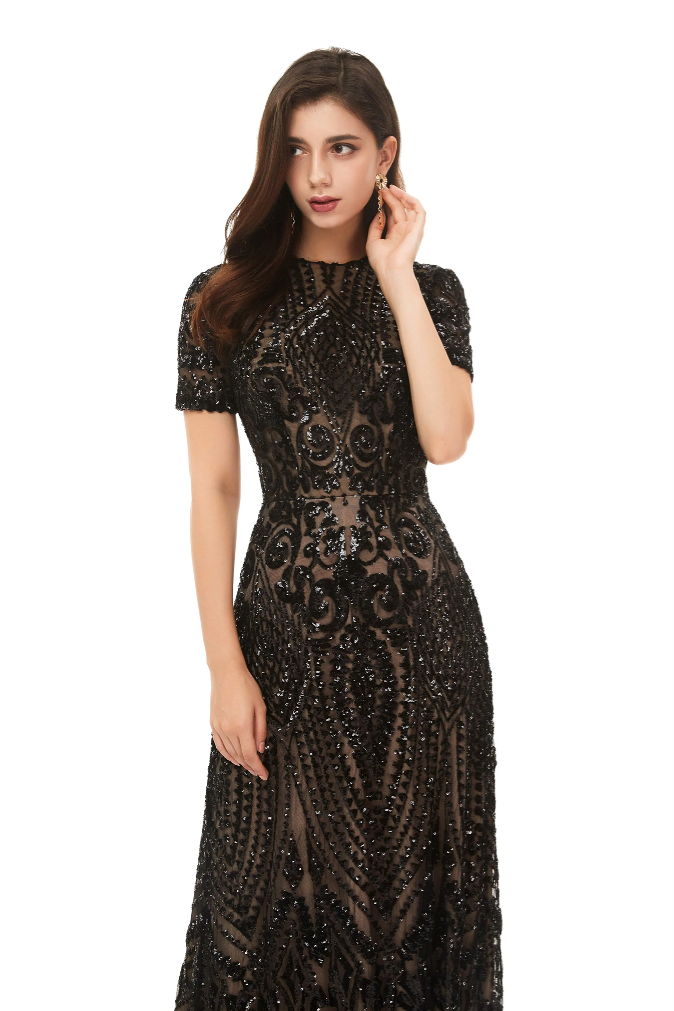 Long Black Sparkly Sequins Prom Dresses With Short Sleeves