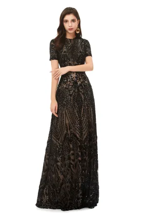 Long Black Sparkly Sequins Prom Dresses With Short Sleeves