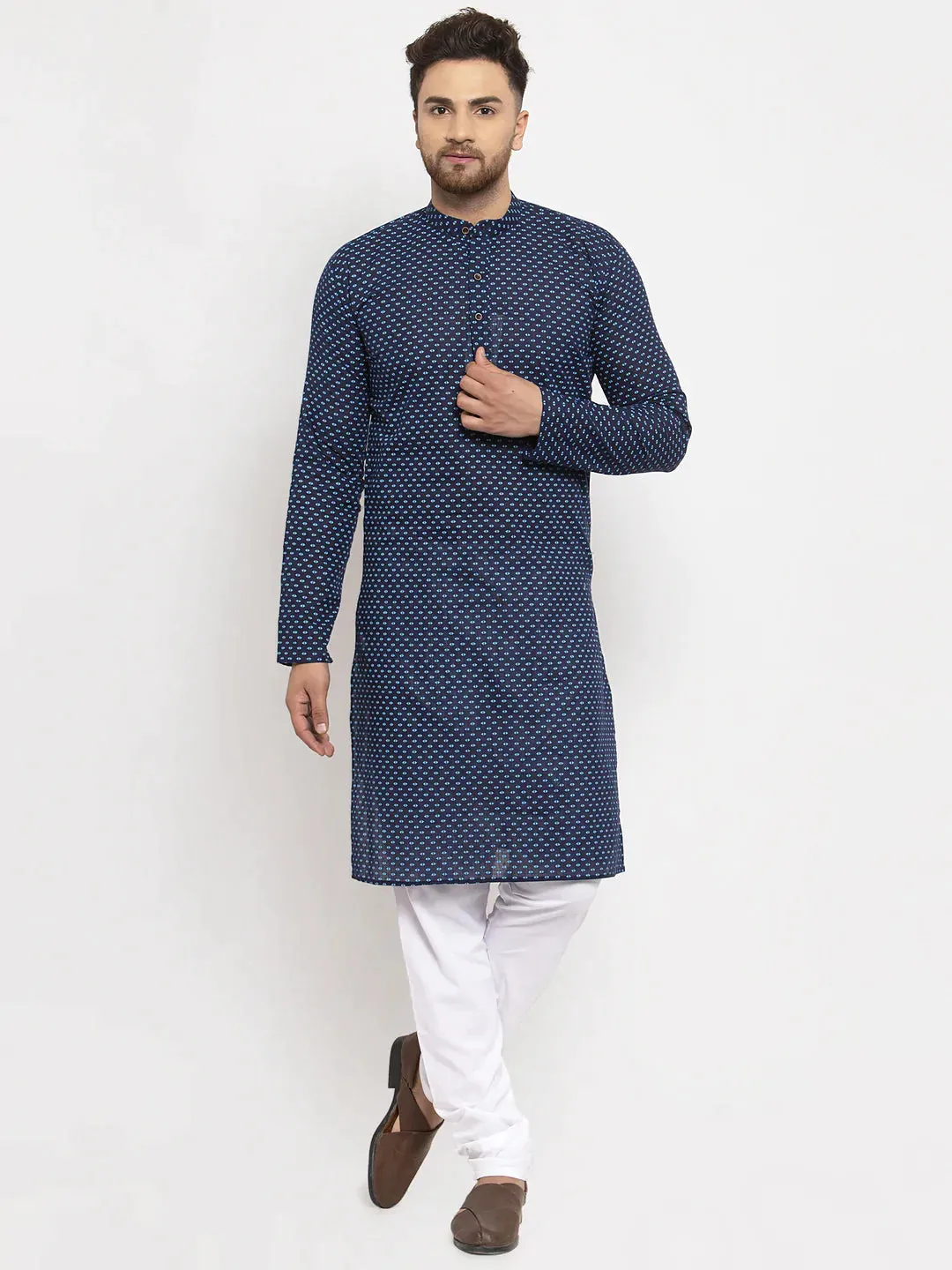 Men Blue Cotton Printed Kurta With Pyjamas