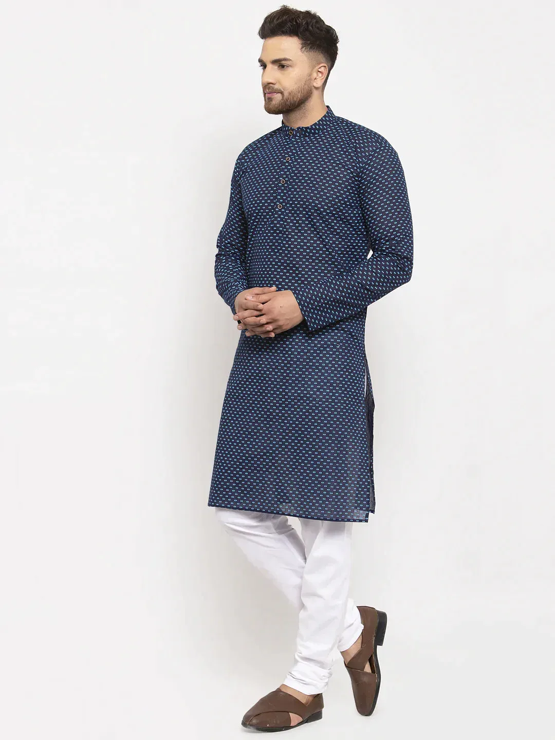 Men Blue Cotton Printed Kurta With Pyjamas