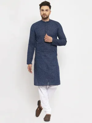 Men Blue Cotton Printed Kurta With Pyjamas