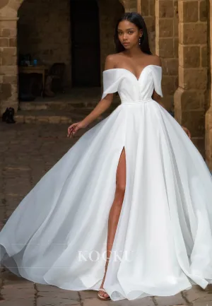 Off-Shoulder A-Line Sleeveless High Split Bows Ruched Lace Wedding Dress Bridal Gowns with Train