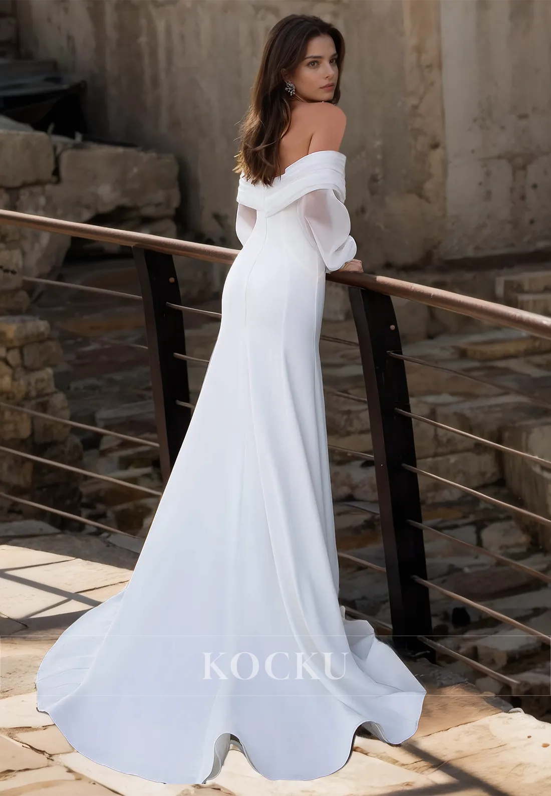 Off-Shoulder Long Sleeves Mermaid Ruched Lace Beach Wedding Dress with Train Boho Gowns