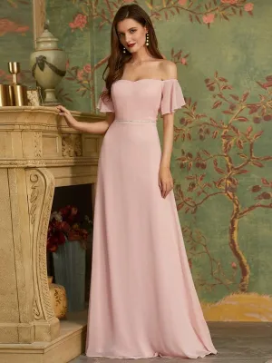 Off the Shoulder Pagoda Sleeves Maxi Chiffon Bridesmaid Dress