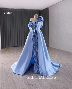 One Shoulder Blue Beaded Wedding Dresses Elegant Satin Prom Dress with Slit 241113