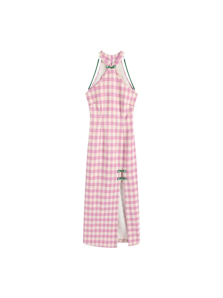 Pink Check Slim Long Cheongsam Dress【s0000008783】