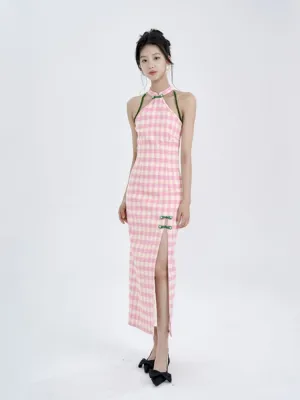 Pink Check Slim Long Cheongsam Dress【s0000008783】