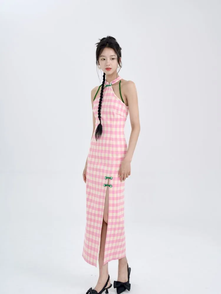 Pink Check Slim Long Cheongsam Dress【s0000008783】