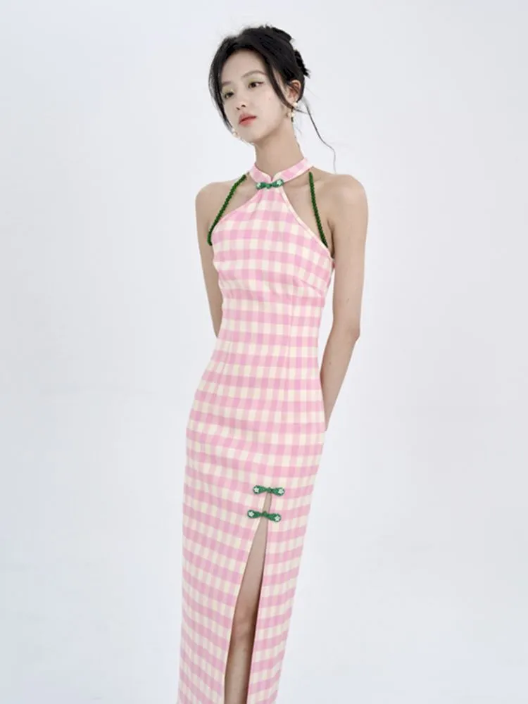 Pink Check Slim Long Cheongsam Dress【s0000008783】