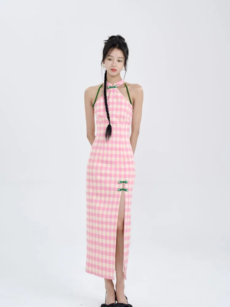 Pink Check Slim Long Cheongsam Dress【s0000008783】