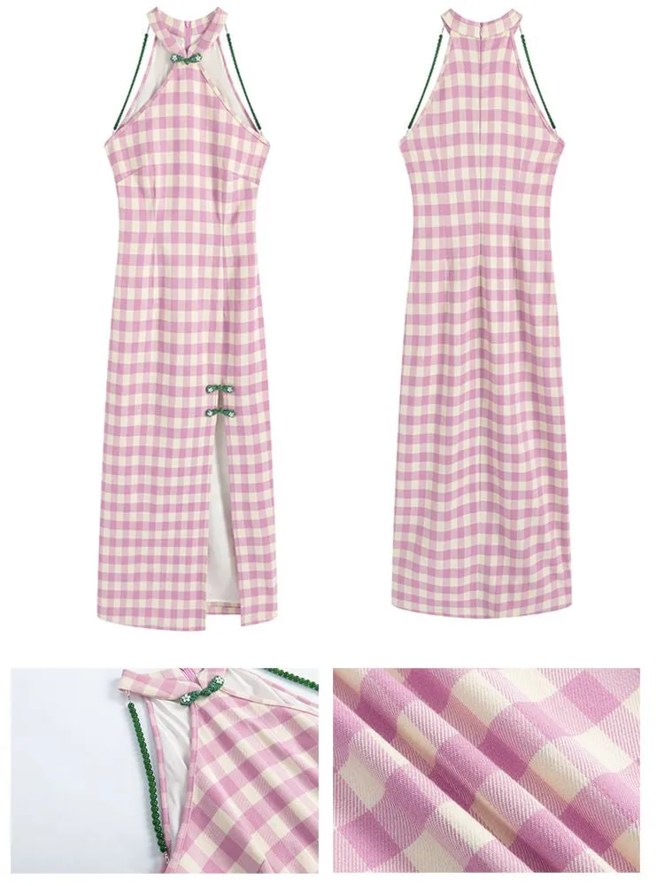 Pink Check Slim Long Cheongsam Dress【s0000008783】